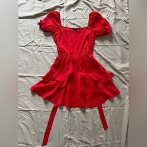 Vibrant Red Puff Sleeve ruffle dress
